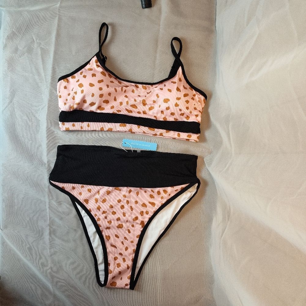 Live Life On The Beach 2 Piece Bikini Swimsuit Pink Black Brown Large NEW